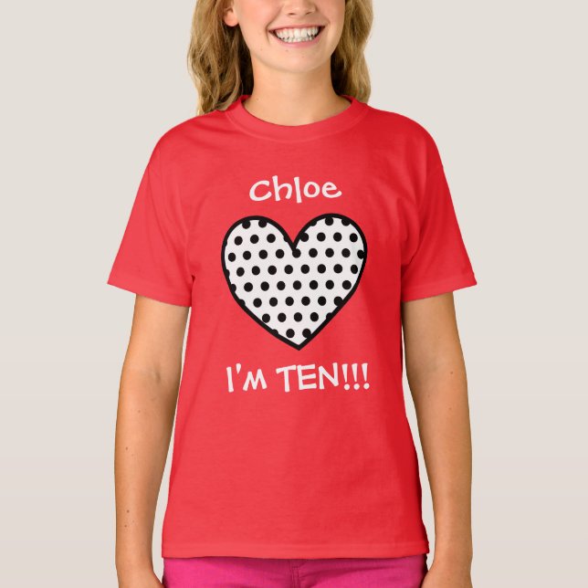 Polka Dot Heart W01P 10:e födelsedagen Tee Shirt (Framsida)