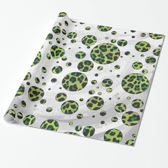 Polka Dot Leopard Black and Grönt Presentpapper (Utrullad)