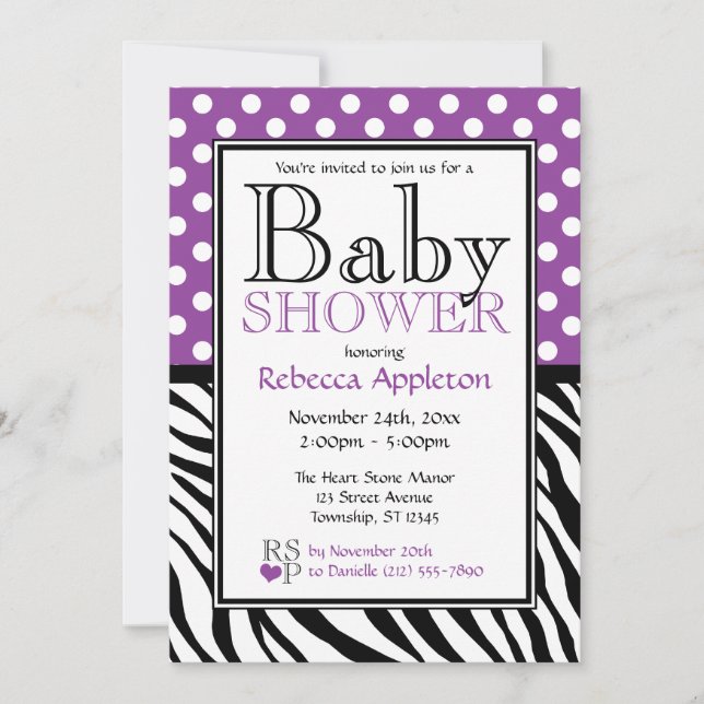 Polka Dot Lila & Zebra tryck Baby Shower Inbjudningar (Framsida)
