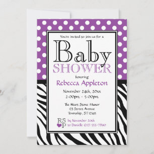 Polka Dot Lila & Zebra tryck Baby Shower Inbjudningar