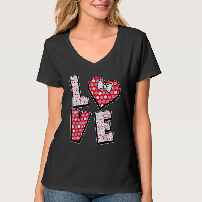 Polka Dot Love Heart Bow Tie Valentine's Day  For  T Shirt (Framsida)