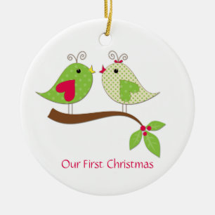 Polka Dot LoveBirds on Holly - första julens Grö Julgransprydnad Keramik