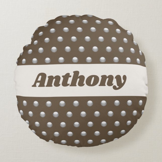 Polka Dot Metallic Silver och Mörk Brown Spoted Rund Kudde (Framsidan)