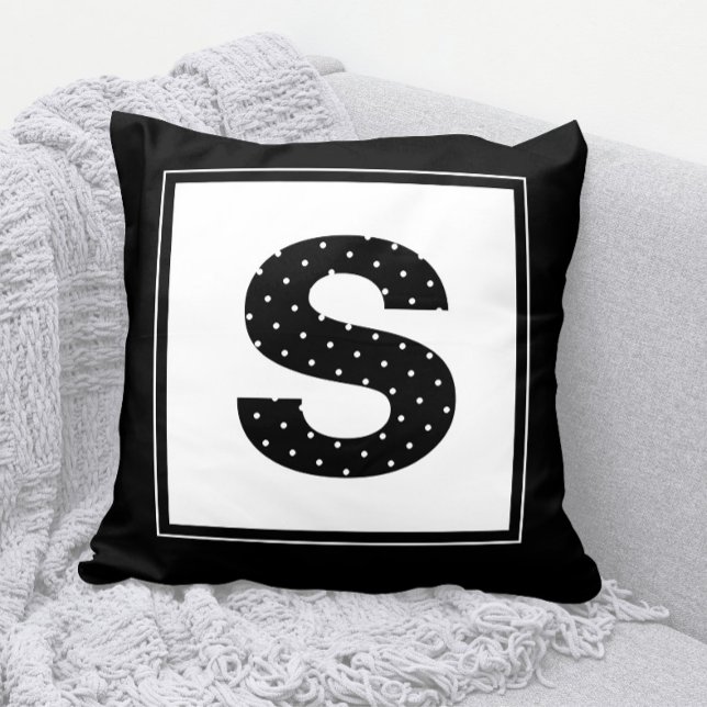 Polka Dot Monogram i svartvitt Kudde (Cute Polka Dot Monogram Throw Pillow in Black and White )