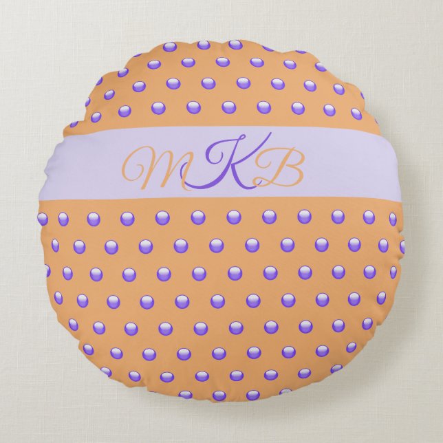 Polka Dot Mönster Blue Peach Spot Monogram Nursery Rund Kudde (Framsidan)