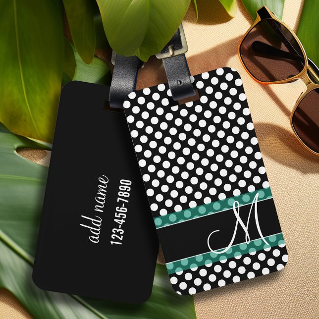 Polka Dot Mönster med Monogram Bagagebricka (Personalized luggage tag with retro flower pattern and monogram - add contact information on back)