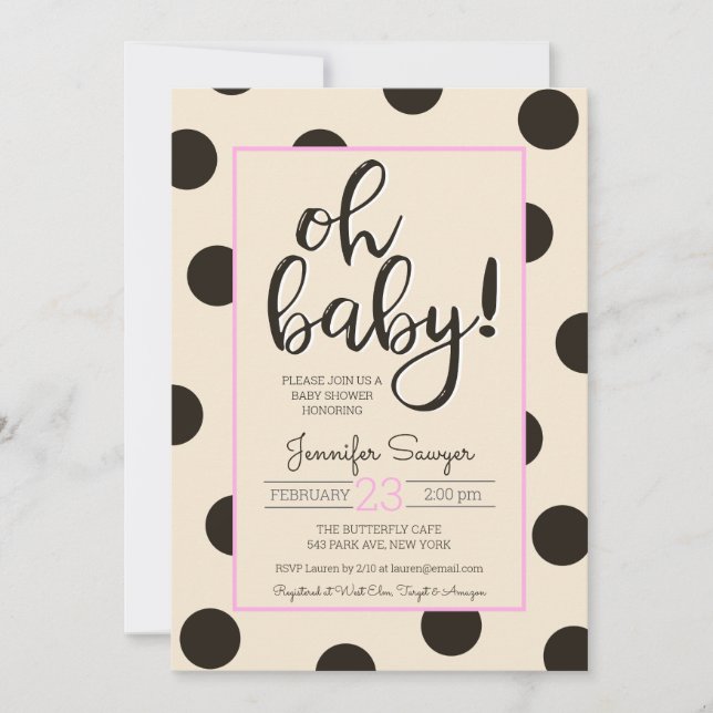 Polka Dot Neutralt Black Rosa Baby Shower Inbjudningar (Framsida)
