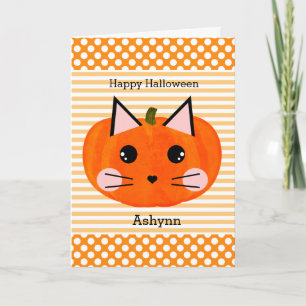 Polka Dot Orange Pumpkin Cat Happy halloween Kort