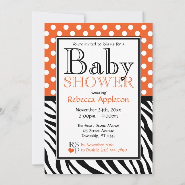 Polka Dot Orange & Zebra tryck Baby Shower Inbjudningar (Framsida)