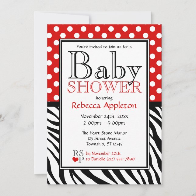 Polka Dot Red & Zebra tryck Baby Shower Inbjudningar (Framsida)