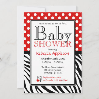 Polka Dot Red & Zebra tryck Baby Shower Inbjudningar