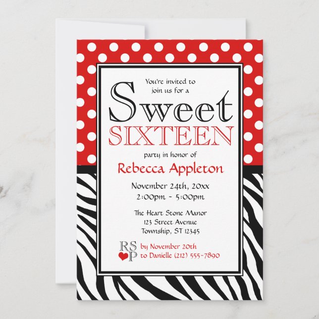 Polka Dot Red & Zebra tryck Sweet sixteen Inbjudningar (Framsida)
