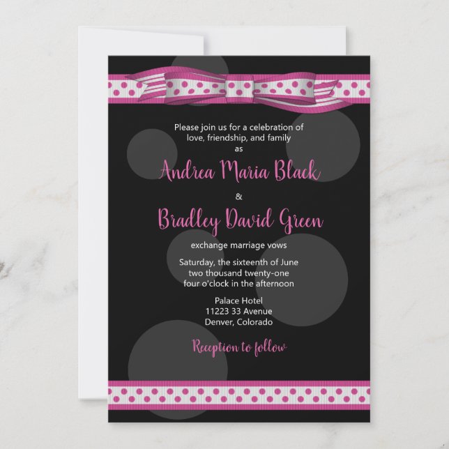 Polka Dot Ribbon Rosa Black Wedding bjudande in Inbjudningar (Framsida)