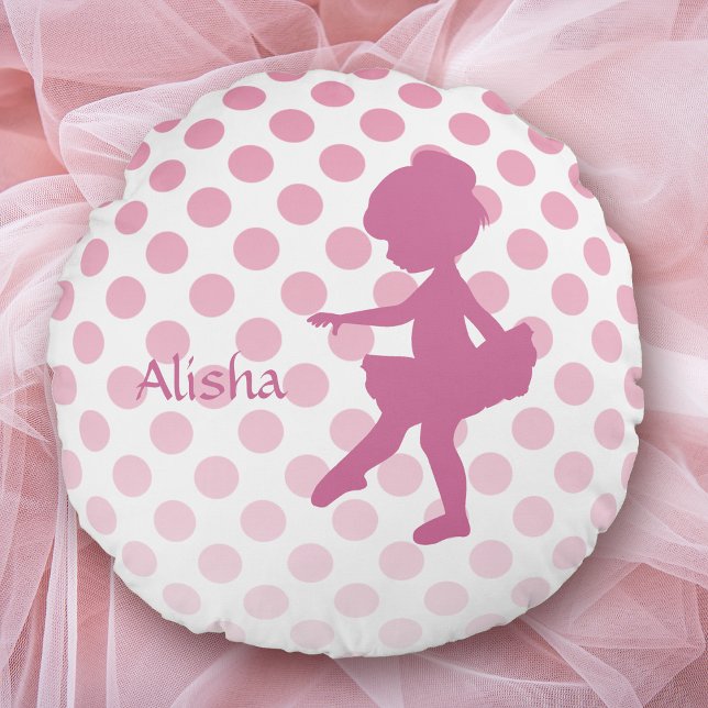 Polka Dot Rosa Ballerina Personlig Rund Kudde (Skapare uppladdad)