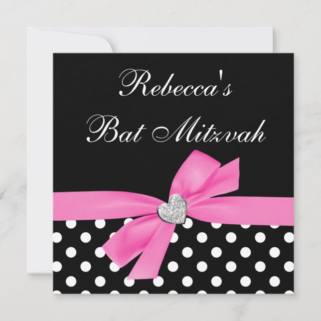 Polka Dot Rosa Black Bow Heart Bat mitzvah Inbjudningar (Framsida)