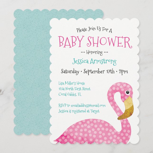 Polka Dot Rosa Flamingo Baby Shower Inbjudningar (Fram/baksida)