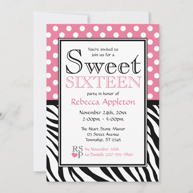 Polka Dot Rosa & Zebra tryck Sweet sixteen Inbjudningar (Framsida)