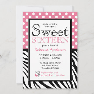 Polka Dot Rosa & Zebra tryck Sweet sixteen Inbjudningar