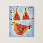 Polka Dot String Bikini Jigszle Puzzle Pussel<br><div class="desc">String Bikini i färglös gult och röd med polka dots över blå bakgrund.</div>