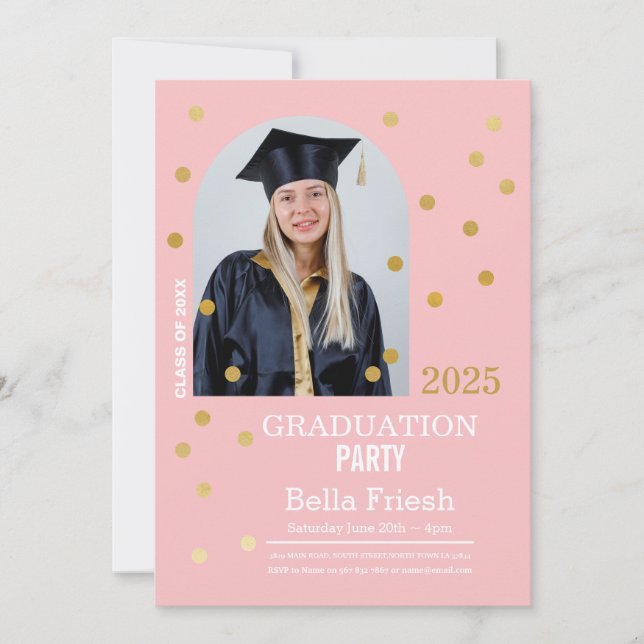 Polka Dot Studenten Confetti Rosa Guld Photo Inbjudningar (Framsida)