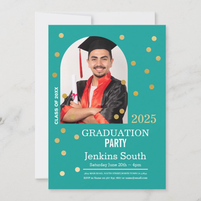 Polka Dot Studenten Confetti Teal Guld Photo Inbjudningar (Framsida)