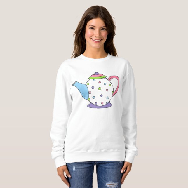 Polka Dot Tea Pot Tekanna Tea Party Sweatshirt T-shirt (Hel framsida)