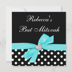 Polka Dot Teal Blå Svart Båg Hjärt Bat Mitzvah Inbjudningar