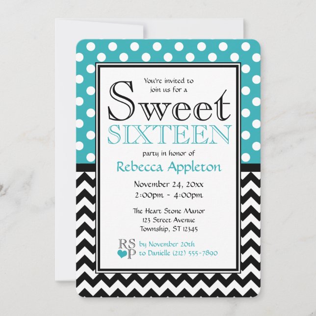 Polka Dot Turcos & Chevron Sweet sixteen Inbjudningar (Framsida)