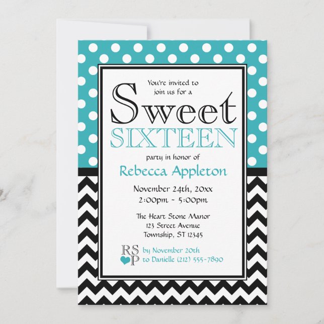 Polka Dot Turcos & Chevron Sweet sixteen Inbjudningar (Framsida)
