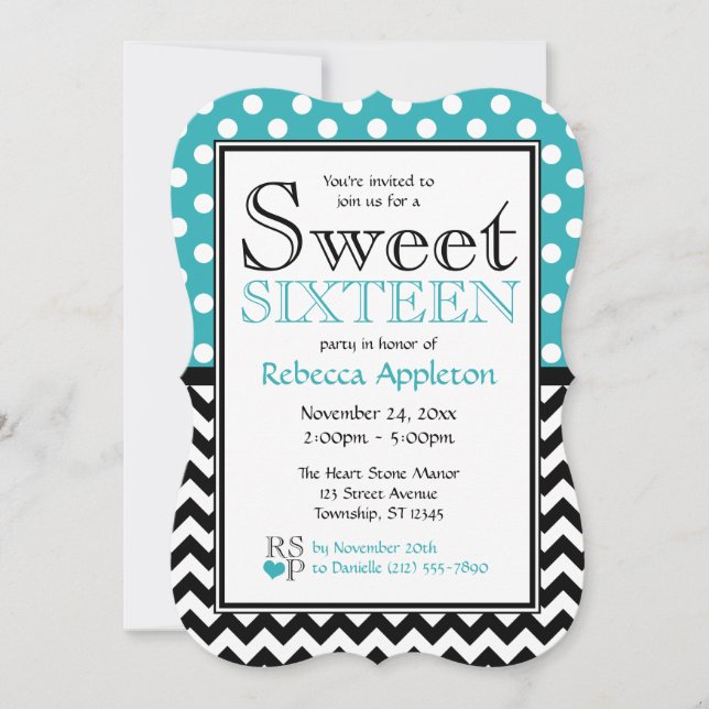 Polka Dot Turcos & Chevron Sweet sixteen Inbjudningar (Framsida)