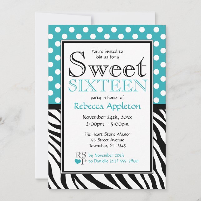 Polka Dot Turcos & Zebra tryck Sweet sixteen Inbjudningar (Framsida)
