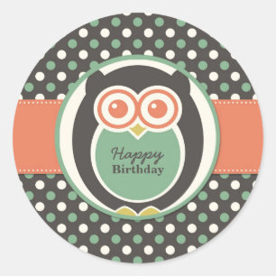 Polka Dot Uggla Tecknad Födelsedagsfest Sticker Runt Klistermärke