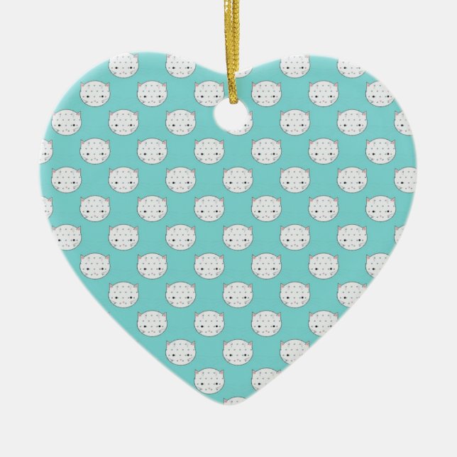 Polka Dot White Kattunge Ansikte över Teal Julgransprydnad Keramik (Framsidan)