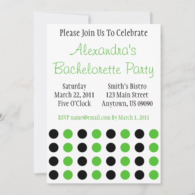 Polka dots Bachelorette Inbjudan Black/Lime Green (Framsida)