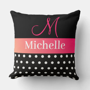 Polka dots Black White Rosa Monogram-skript Kudde