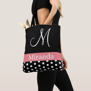 polka dots Black White Rosa Monogram-skript Tygkasse