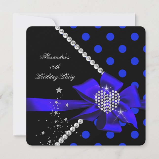 Polka dots Blue Heart Jewel Gems Black Birthday Inbjudningar (Framsida)