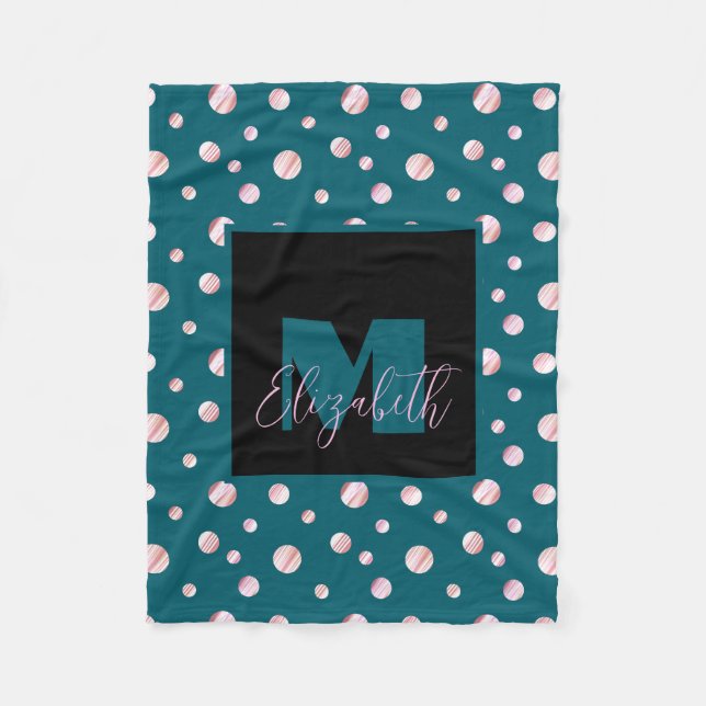Polka dots för eget namn, blå monogram fleecefilt (Framsidan)