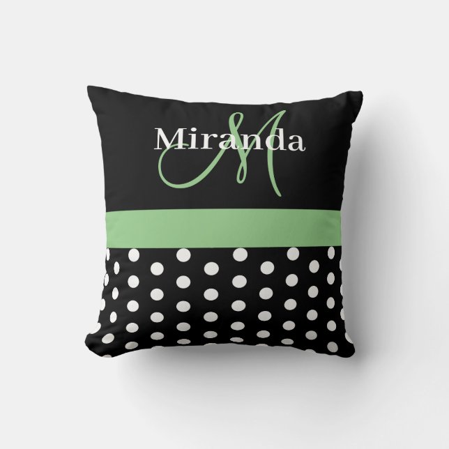 Polka dots för svartvit Grönt-monogramskript Kudde (Framsida)
