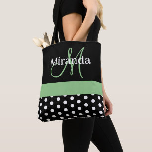 Polka dots för svartvit Grönt-monogramskript Tygkasse