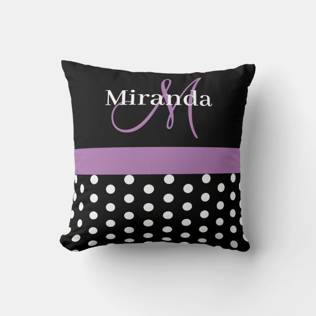 Polka dots för svartvit Lila-monogramskript Kudde (Framsida)