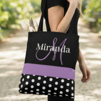 Polka dots för svartvit Lila-monogramskript Tygkasse