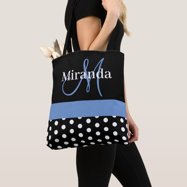 Polka dots för svartvit monogram-skript tygkasse (Närbild)
