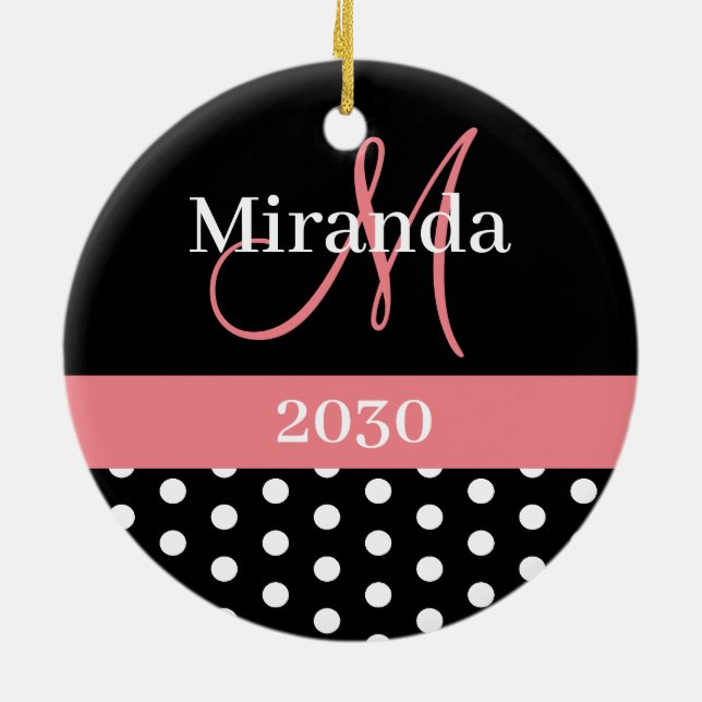 Polka dots för svartvit Rosa-monogramskript Julgransprydnad Keramik (Baksidan)