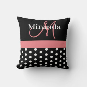 Polka dots för svartvit Rosa-monogramskript Kudde