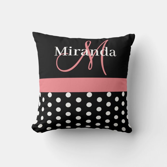 Polka dots för svartvit Rosa-monogramskript Kudde (Framsida)