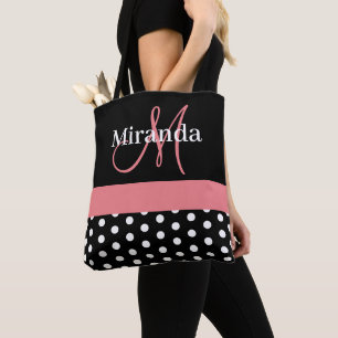 Polka dots för svartvit Rosa-monogramskript Tygkasse