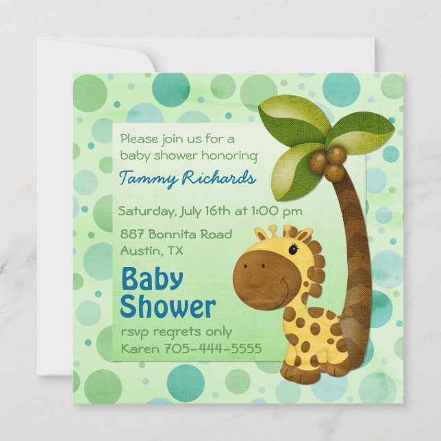 Polka dots Giraffe - Neutralt Baby Shower Inbjudningar (Framsida)