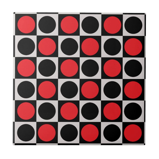 Polka dots med kontrollerad geometrisk röd svart c kakelplatta (Framsidan)