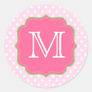 Polka dots Monograms Rosa och Grönt Runt Klistermärke